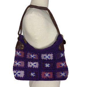 The Sak Purple Baguette Crochet Suede Patchwork Shoulder Bag Boho Retro Festival